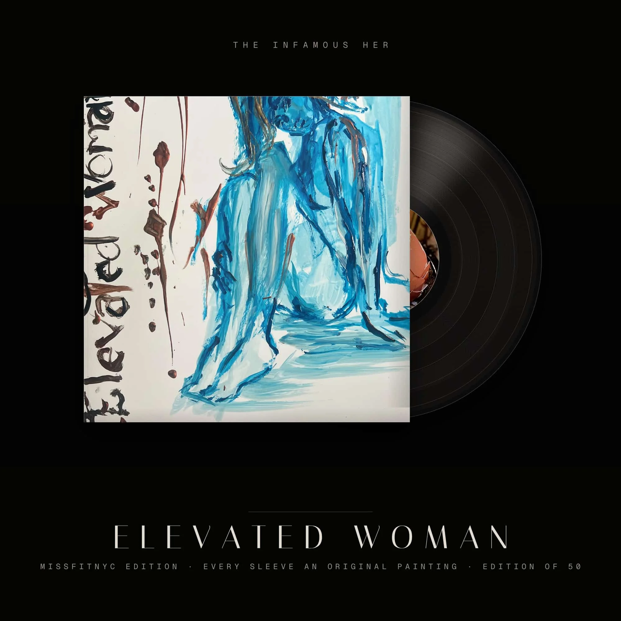 Mockup of the Elevated Woman 12 inch vinyl with a hand-painted Missfitnyc sleeve